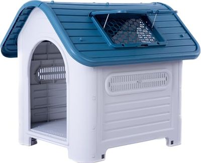 Lanco - Caseta para Perros Medianos con Techo Solar Ajustable. Uso Interior y Exterior con respiraderos. Material Resistente. 87x72x75cm. Azul y Blanco.