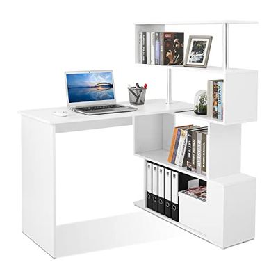 Meerveil Computertafel, L-vormig, hoekbureau, met 360 graden draaibare boekenkast voor werkkamer, woonkamer, kantoor, 157 x 45 x 130,5 cm, wit
