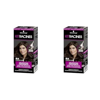 Schwarzkopf - Kit Racines - Coloration Racines Cheveux Permanente - Enrichie d’une huile nourrissante - Couverture Cheveux Blancs - Retouche entre 2 Colorations - Châtain Foncé R4 (Lot de 2)