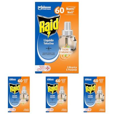Raid Liquido Elettrico Antizanzare Comuni e Tigre, Ricarica, Fragranza Fiori d'Arancio, 1 Confezione da 4 Ricarica da 36ml, 60 Notti