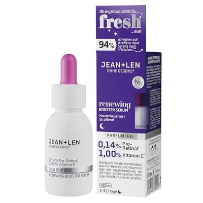 Jean & Len Renewing Booster Serum, idéal pour tous les types de peau, augmente l'élasticité & la tonicité de la peau, avec du pro-rétinol* et de l'extrait de rétinal**, sans parfum, végétalien, 30 ml