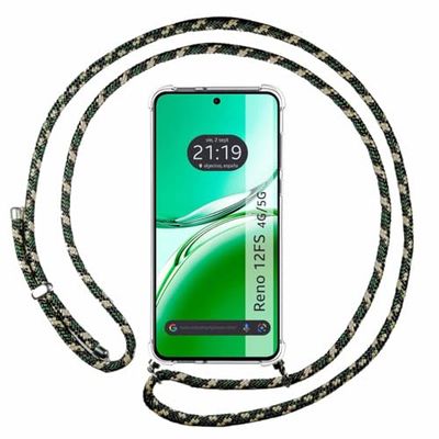 Tumundosmartphone Custodia a sospensione trasparente per OPPO Reno 12FS 4G / 12 FS 5G con cordino verde/oro