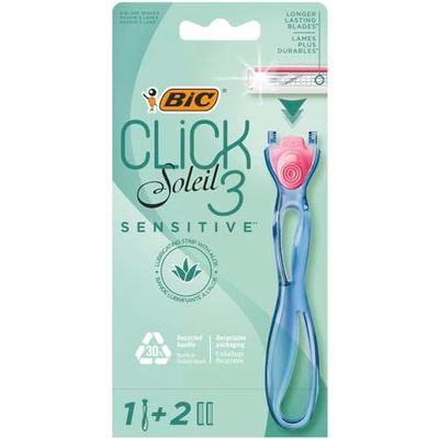 Bic Click 3 Soleil Sensitive Refillable Women's Razor, 30% Recycled Plastic Handle and 3-Blade Refills - Box of 1+2