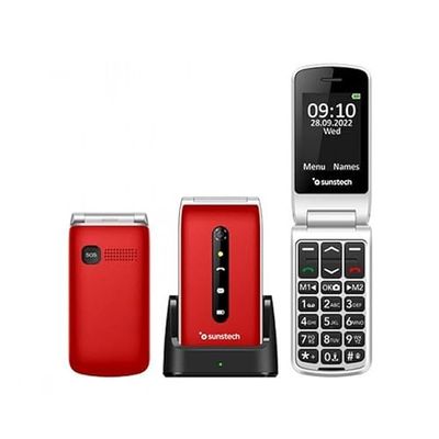 VoltShine Seniortelefoon met 6,1 cm (2,4 inch) display, USB, SOS-knop, laadstation, FM-radio, rood, ideaal voor eenvoudige communicatie en veiligheid.