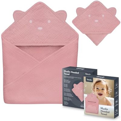 lionelo Baby Hooded Towel 100% Natural Muslin Cotton 80x80cm Absorbent Bath Towel with Hood for Newborns & Toddlers 6 Colours Soft & Breathable, Swaddle Muslin, Nursery Blankets (Pink, 80x80 cm)