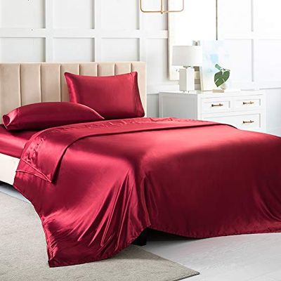Satijnen lakens queensize lakenset, rode zijden lakens, 4-delige zachte beddengoedset met 1 diepe zak, 1 plat laken, 2 kussenslopen