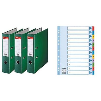 Esselte A4 Lever Arch Files, Green, 3 File Folders with Pack Dividers