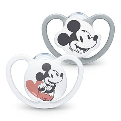 NUK Space fopspeen, 6-18 maanden, fopspeen met extra grote ventilatieopeningen, BPA-vrije siliconen, Disney Mickey Mouse, grijs en wit, 2 stuks
