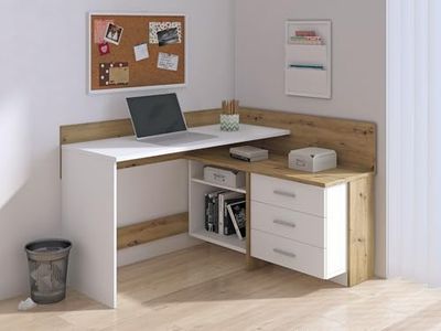 Dmora Hudson Desk, Multipurpose Writing Desk, Office Table for PC Holder, Worktop, 130 x 112 x H 82 cm, Oak Node, White, Oak Nodes