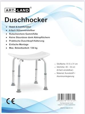 ART-LAND Tabouret de Douche, réglable en Hauteur sur 6 Niveaux, 40 à 53 cm, Assise 51,5 x 31 cm, Charge maximale : 136 kg, antidérapant, Blanc