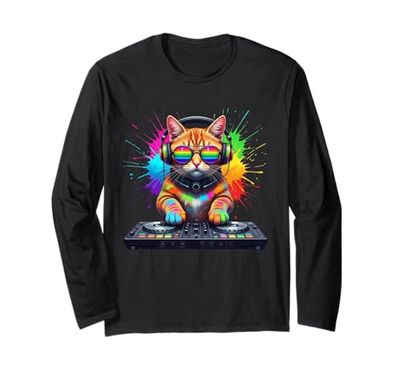 Rainbow DJ Cat con occhiali da sole cuffie EDM musica divertente Maglia a Manica