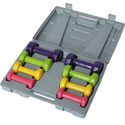 BAKAJI Set 8 Manubri da Palestra con Valigetta (2x0.5kg + 2x1kg + 2x1.5kg + 2x2kg), Pesi Fitness Rivestimento in Gommapiuma, Ergonomico, Antiruggine, Antiscivolo, Riabilitazione Fisica, Allenamento