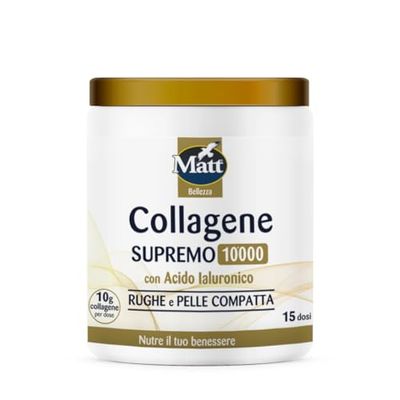 Matt, Collagene Supremo 10000, Integratore Alimentare di Collagene e Acido Ialuronico, con Magnesio e Vitamina C, Aiuta a Contrastare le Rughe, Rende la Pelle più Compatta, 15 Dosi