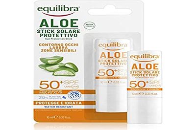 Equilibra Solar Aloe Stick Solar Protective SPF 50+, Aloe Vera Solar Stick för att skydda känsliga zoner, för ögon, läppar, näsa, öron, tatueringar, I och fläckar, 12 ml