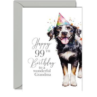 99th Birthday Cards for Grandma - Party Dog - Happy Birthday Card for 99 Year Old Grandma from Grandson Granddaughter, A5 Bday Women Woman Her Greeting Cards Gift for Grandma Birthday Gifts