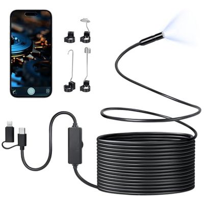 AiQInu endoskopkamera med ljus, 1 920 HD-endoskopkamera, mobiltelefon med 8 LED-ljus, IP67 vattentät, inget WLAN krävs, inspektioner i el, fordon, rör, för Android och iOS (16,4 fot/5 m)