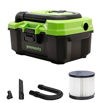 Greenworks Portable Cordless Vacuum Cleaner G24WDV (Li-Ion 24V, 2 Speed Settings, 2-Filter System for Wet and Dry use, 11 litres Capacity, 62 CFM, 7.5 kPa Without Battery and Charger)