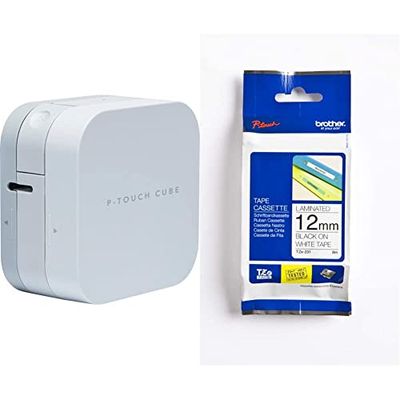 Brother P-Touch Cube PT-P300BT Etichettatrice con Connettività Bluetooth e Compatibilità MFi, Smartphone e Tablet iOS e Android, Taglierina Manuale, fino a 12 mm, Bianco + Nastro TZE231