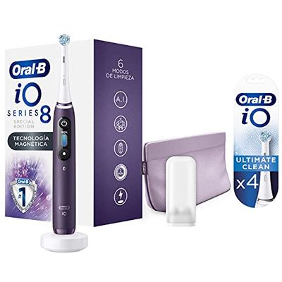 Oral-B iO 8 Edición Especial Cepillo De Dientes Eléctrico, 1 Mango Morado Recargable Con Tecnología Magnética De Braun, 1 Funda Viaje + Pack De 2 Cabezales De Recambio Originales iO Ultimate Clean