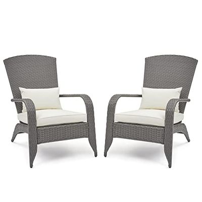Mondeer 2X Chaise Adirondack, Salon de Jardin 2 Fauteuils en Rotin PE, Fauteuil Relax Jardin Plein Air avec Dossier Haut et Accoudoirs, Chaises de Loisirs avec Coussins pour Patio, Gris Brun