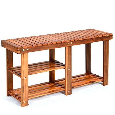 COSTWAY Schoenenrek met zitbank, schoenenbank met 2 planken, schoenenkast van hout, schoenenstandaard voor badkamer, woonkamer en entree, 87 x 28 x 45 cm, naturel
