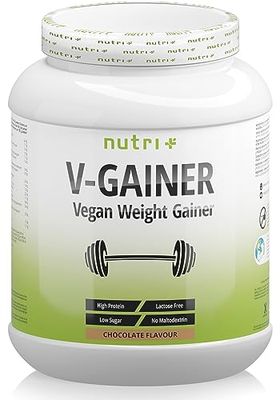 Nutri + WEIGHT & MASS GAINER Vegan - Chocolat boîte de 2 kg de poudre - Boisson hypercalorique pour la prise de masse - V-GAINER sans maltodextrine ni sucre