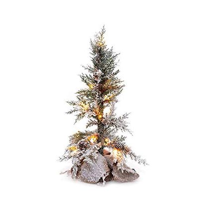 SHATCHI Table Mantel Centrepiece Pre Lit LED Christmas Frosted Tips with Pine Cones Flocked Snow Covered Xmas Tree with Burlap Base for Decoration, Vinyl, Green, 50cm