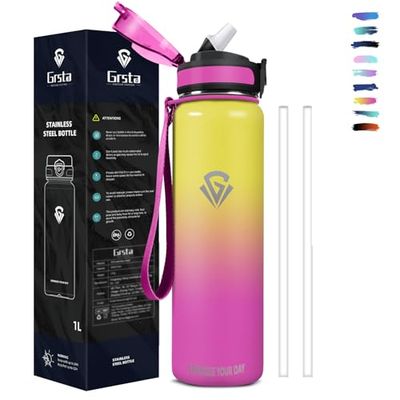 Grsta Vattenflaska, 1 liter termisk vattenflaska, gymflaska med sugrör, termisk vattenflaska i rostfritt stål BPA-fri, vakuum med dubbla väggar, för sport, camping, cykling, yoga