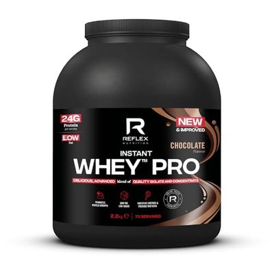 Reflex Nutrition Instant Whey™ Pro - 80% Whey Protein Powder, Low Fat, Low Sugars - Thin Textured Protein Shake for Post Workout Muscle Growth or Tasty Protein Snack (Chocolate, 2.2kg, 77 servings)