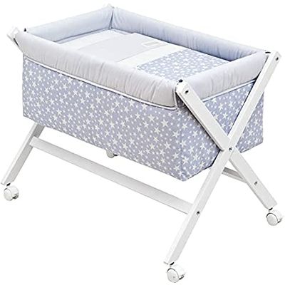 Cambrass – miniberço bebé com pernas cruzadas e rodas com travões, berço moisés para os primeiros meses do bebé, fácil de transportar, miniberço tesoura de madeira, 55 x 87 x 74 cm estrela