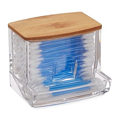 Relaxdays Porta Cotton Fioc, in Acrilico, Piccolo Dispenser da Bagno per Dischetti di Cotone, M, Trasparente/naturale
