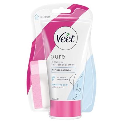 Veet Pure Hair Removal, in Shower Cream, Body & Legs, Normal Skin, 150ml Each, 1 Sponge, Long Lasting Smoothness, Hydrates & Exfoliates Skin, Least Number of Ingredients (Packaging May Vary)