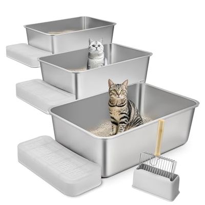 VEVOR Bac à Litière pour Chat Profondeur 200 mm Lot de 3, Extra Large Acier Inox avec Pelle, Repose-pied Filtrant, Côtés Hauts, sans Odeur, Facile à Nettoyer, Coussins Antidérapants, pour Grands Chats