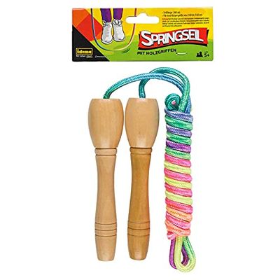 Idena 40607 Springtouw met houten handgrepen voor kinderen, regenboogkleuren, lengte 2,6 m, als vrijetijdssport, voor bewegingsspelen en verschillende trucs