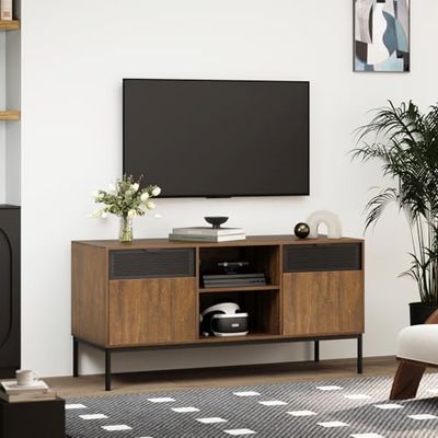 Mondeer Szafka pod telewizor, szafka pod telewizor do 127 cm, stolik pod telewizor z 2 drzwiami i regulowanymi półkami, do salonu, sypialni, styl industrialny, rustykalny brązowy i czarny, szer. 108 x