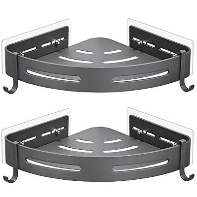 GERUIKE Badkamer Hoekplank Zonder Boren,Zelfklevende Douche Mand met 4 Haken,Roestvrij Aluminium Opslag Plank,Muur Gemonteerde Douche Organisator voor Badkamer Accessoires,Grijs,2 Stuks