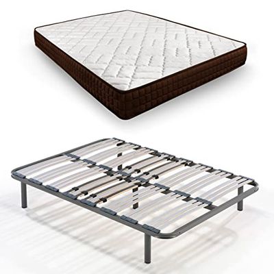 HOGAR24 ES Letto Completo, Materasso Viscosoft Dream Flex 18 + Rete multilasine con Regolazione Lombare con Gambe, Misure: 135 x 200 cm, Bianco e Marrone, 135x200 cm