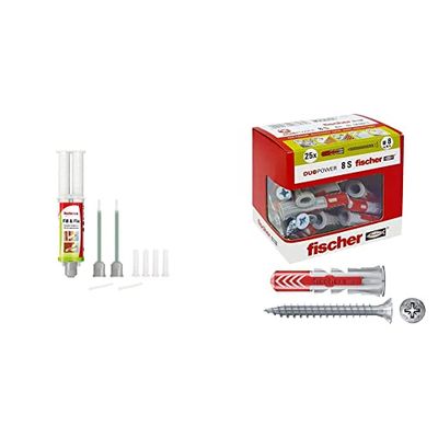 Fischer FILL & FIX Ripara fori Tasselli e Fissaggi su Muro e Legno, Siringa Colla di Montaggio, Include 4 Tasselli a Rete, 51098 & 25 Tasselli Duopower con Vite, 8 x 40 mm