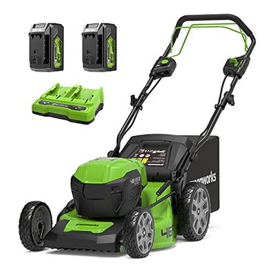 Greenworks GD24X2LM46SPK4X Zelfrijdende Draadloze Accu Grasmaaier voor Gazons Tot 480m², 46cm Maaibreedte, 55L Zak PLUS Twee 2 x 24V (48V Equivalent) 4Ah Batterijen en Dubbele Oplader, 3 Jaar Garantie