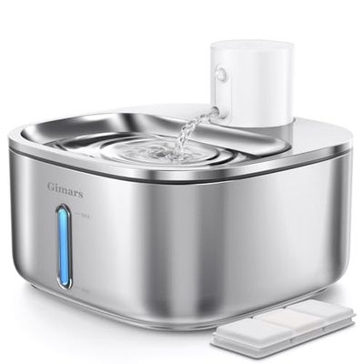 Fontana per gatti Gimars, fontana per animali domestici in acciaio inossidabile da 108 oz/3,2 l, senza fili, a batteria, distributore automatico di acqua per cani senza fili con sensore di movimento