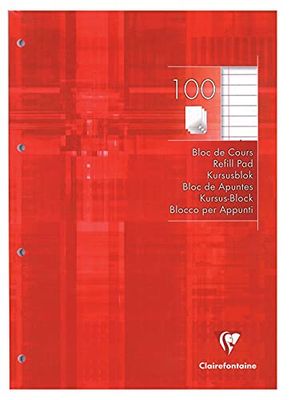 Clairefontaine 5818C Bloc de Cours Encollé Perforé Rouge Framboise - A4 21x29,7 cm - 200 Pages Lignées avec Marge - Papier Blanc 90 g - Couverture Carte Pelliculée