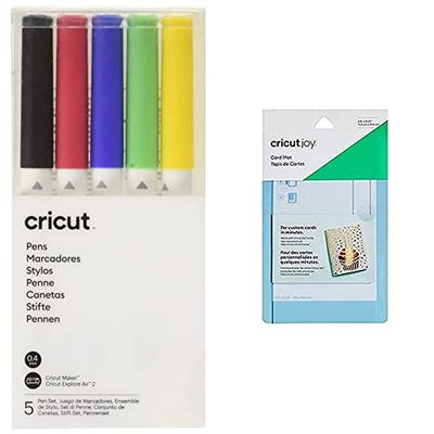 Cricut 2007635 Fine Point Pen Set, Classic (5 ct), 5 Pack & 2007968 Card Mat, Blue, Joy
