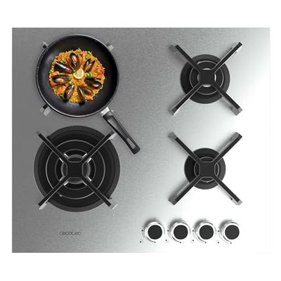 Cecotec Plaque de Gaz 4 Feux Bolero Squad G 4400S Inox, 8kW, Acier Inoxydable, Grilles en Fonte, Brûleur WOK Triple, Allumage Électronique, Sécurité Valves, accessoire de conversion