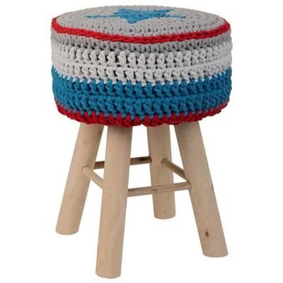 Taburete De Madera Y Algodón Trenzado Azul