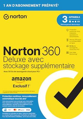 Norton 360 Deluxe + 25 Go de sauvegarde cloud supplémentaire |3 Appareils | 1 An d'Abonnement en renouvellement automatique | Exclusivité Amazon*