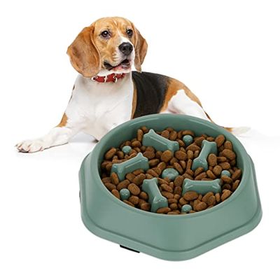 Relaxdays anti-schrokbak honden, eetbak tegen schrokken, botjes patroon, 500 ml, vaatwasserbestendig, in het groen