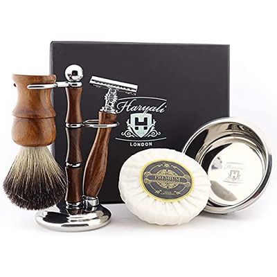 Haryali London Kit de afeitado – Kit de afeitado de madera de 5 piezas – Maquinilla de afeitar de doble filo – Cepillo de afeitar – Jabón de afeitar – Cuenco de afeitar – Soporte de afeitado – Juego de afeitado como madera de regalo