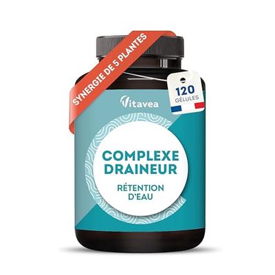 Complexe Draineur 5 actifs - Retention d'eau Drainant Puissant - Frêne, Cassis, Thé Vert, Pissenlit, Artichaut - 120 gélules - Vegan - Fabriqué en France - Vitavea