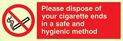 Viking Signs PS19-L31-PV "Please Dispose Of Your Cigarette Ends In A Safe And Hygienic Method" Sign, Sticker, Photoluminescent, 100 mm H x 300 mm W