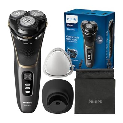 Philips rasoio elettrico serie 3000 - Rasoio elettrico Wet&Dry per uomo, tecnologia SkinProtect, colore Deep Black, rifinitore a scomparsa, supporto di ricarica, astuccio da viaggio (modello S3342/13)